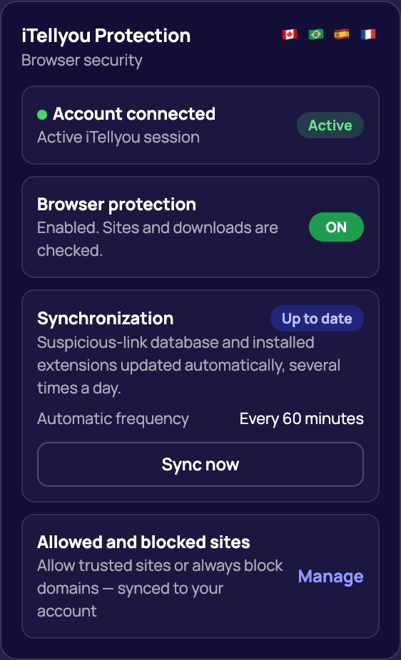 Real popup interface of the iTellYou Web Protection extension for Chrome